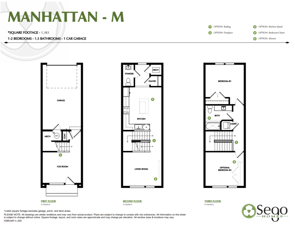 Floor plan of a townhouse labeled Manhattan - M, showing three levels with various rooms and a garage.